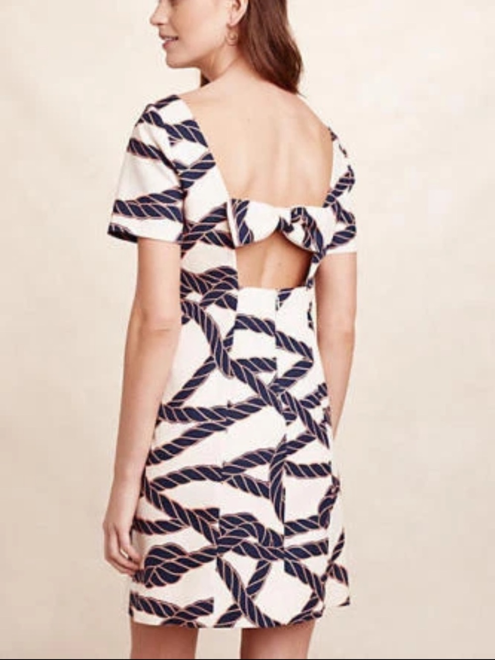 Maeve White Dress with Navy Rope Print and Bow-Back